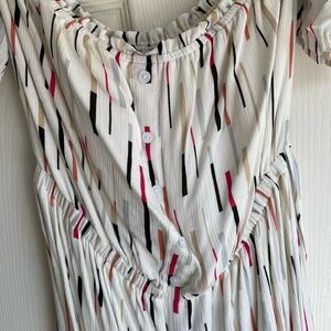 Lulu's White Off the Shoulder Jumpsuit with Colorful Stripes